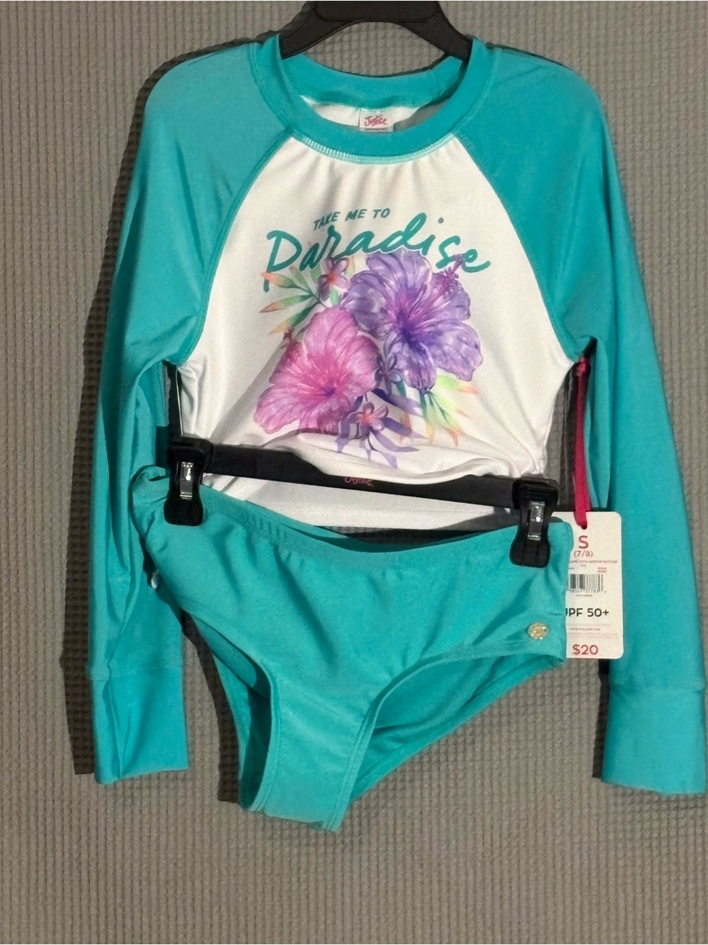 Justice Turquoise and White Floral Paradise Rash Guard Set